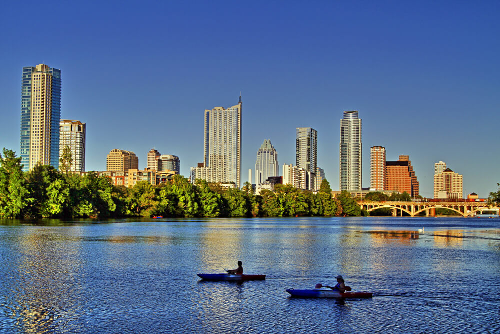 View of downtown Austin from nearby lake.